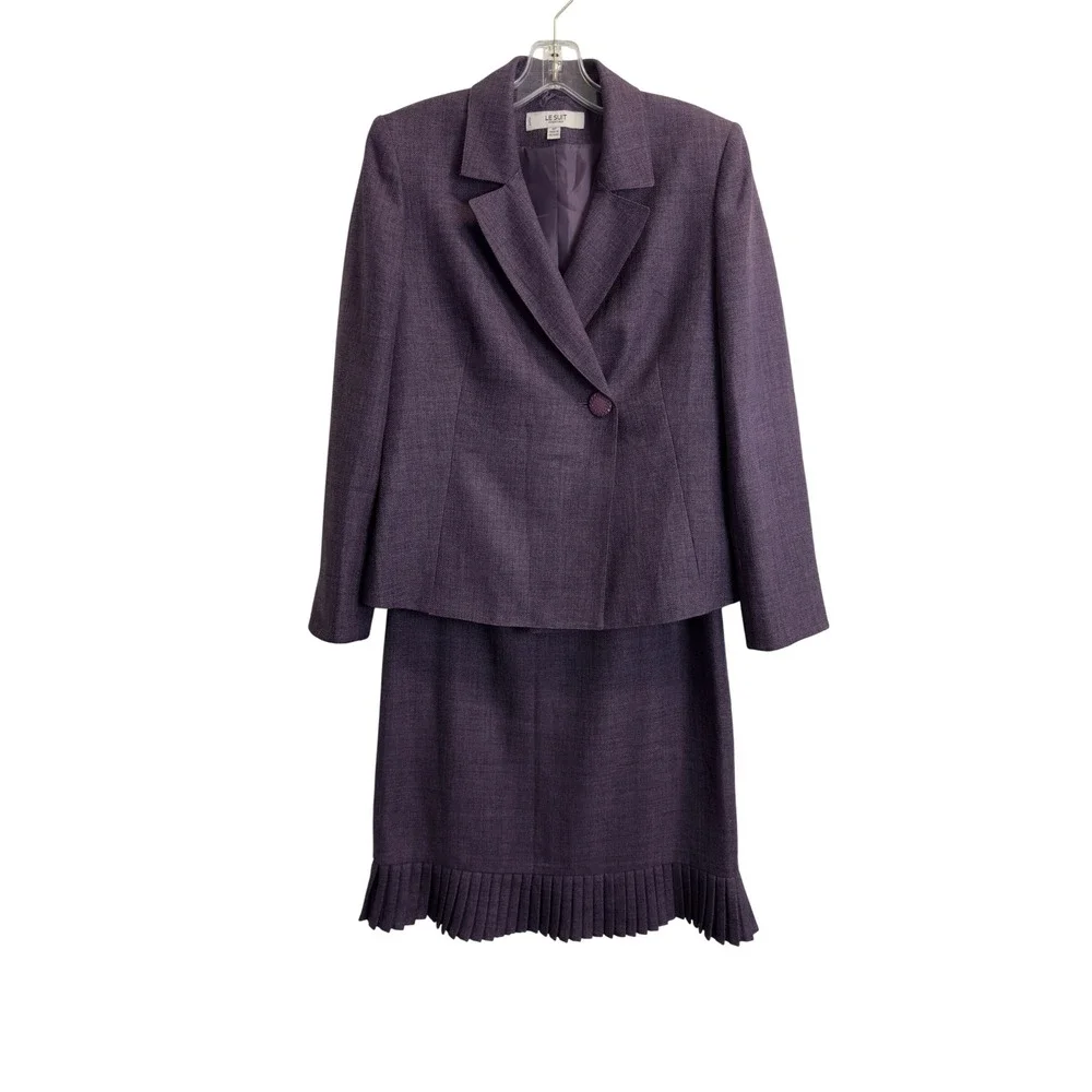 Le Suit Essentials Purple Herringbone Skirt Suit Set Pleated Hem Womens 6P